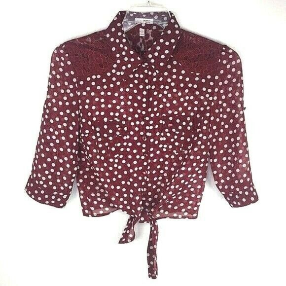 Bongo Blouse Crop Sheer Burgundy M Polka Dots * - Picture 1 of 7